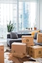 Bright city apartment interior with boxes shows moving day setup.